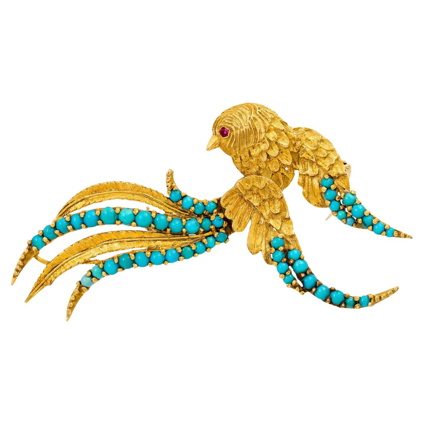 Brooch "Fantasy Bird" with Turquoise in a Fine Color For Sale
