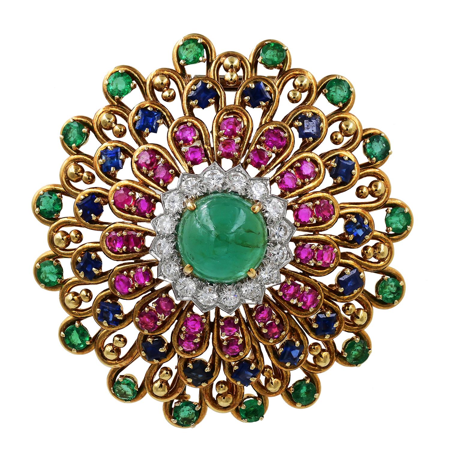 Indulge in elegance with our exquisite David Webb multi-color Diamond brooch. This masterpiece features a captivating Emerald Cabochon center stone, gracefully encircled by 16 dazzling colorless Diamonds, boasting an approximate carat weight of 2