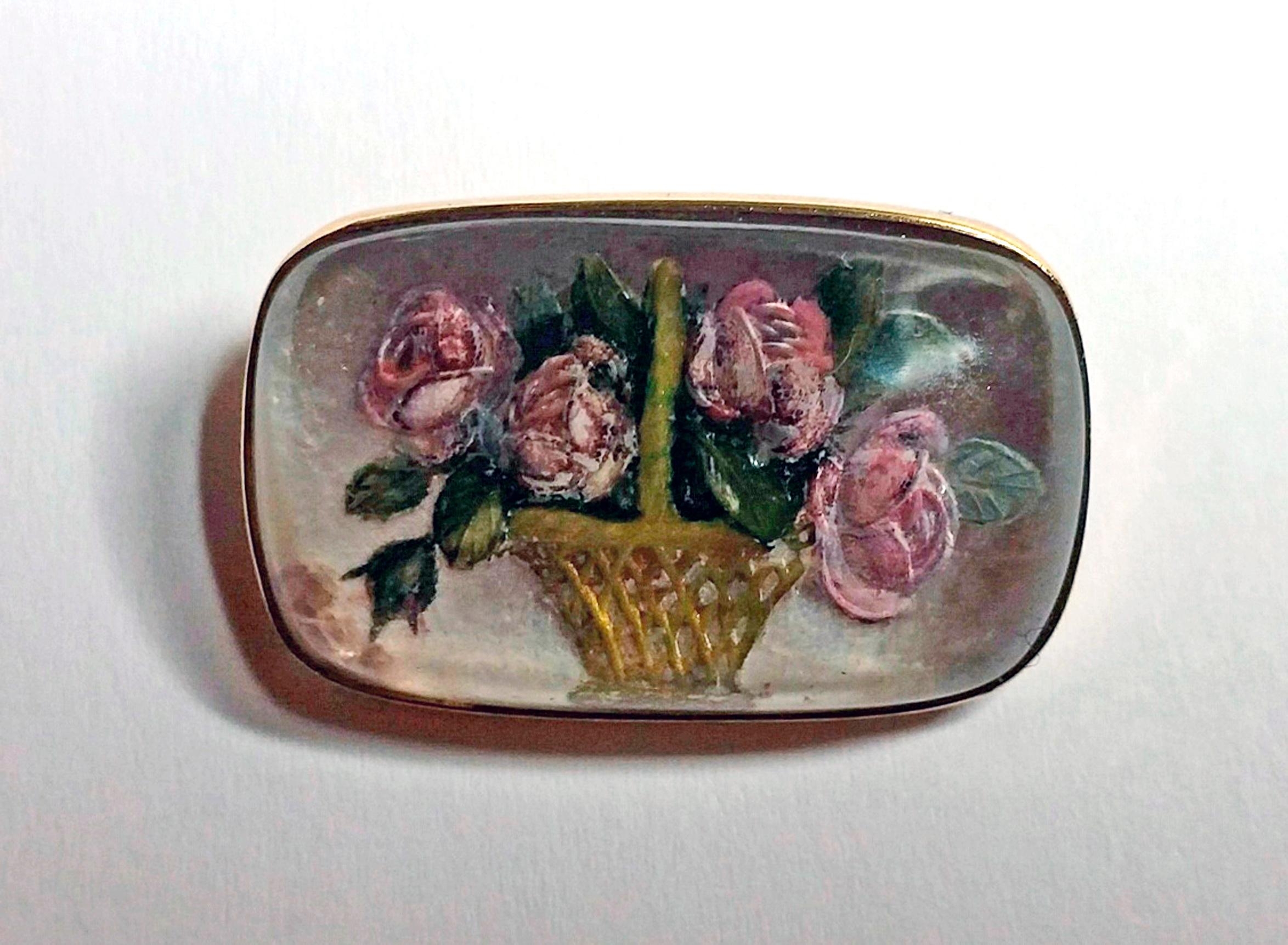 Retro Brooch Gold 14 Carat Rose Flowers in Basket Crystal Glass, Vienna, circa 1910