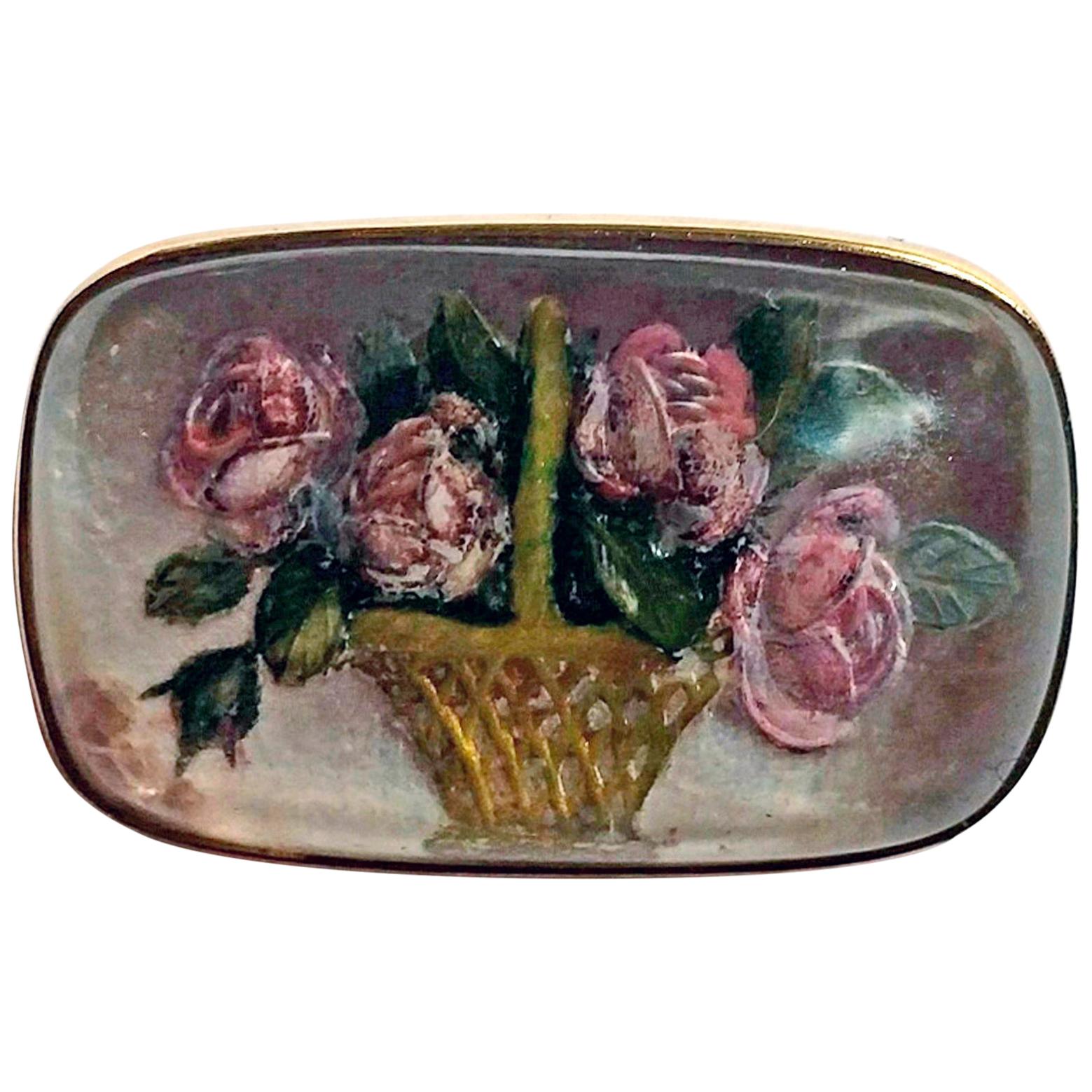 Brooch Gold 14 Carat Rose Flowers in Basket Crystal Glass, Vienna, circa 1910
