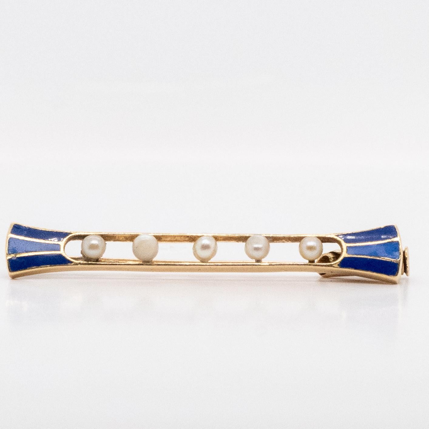 Art Deco Brooch Half-Beads, Blue Enamel, 18-Carats Gold For Sale