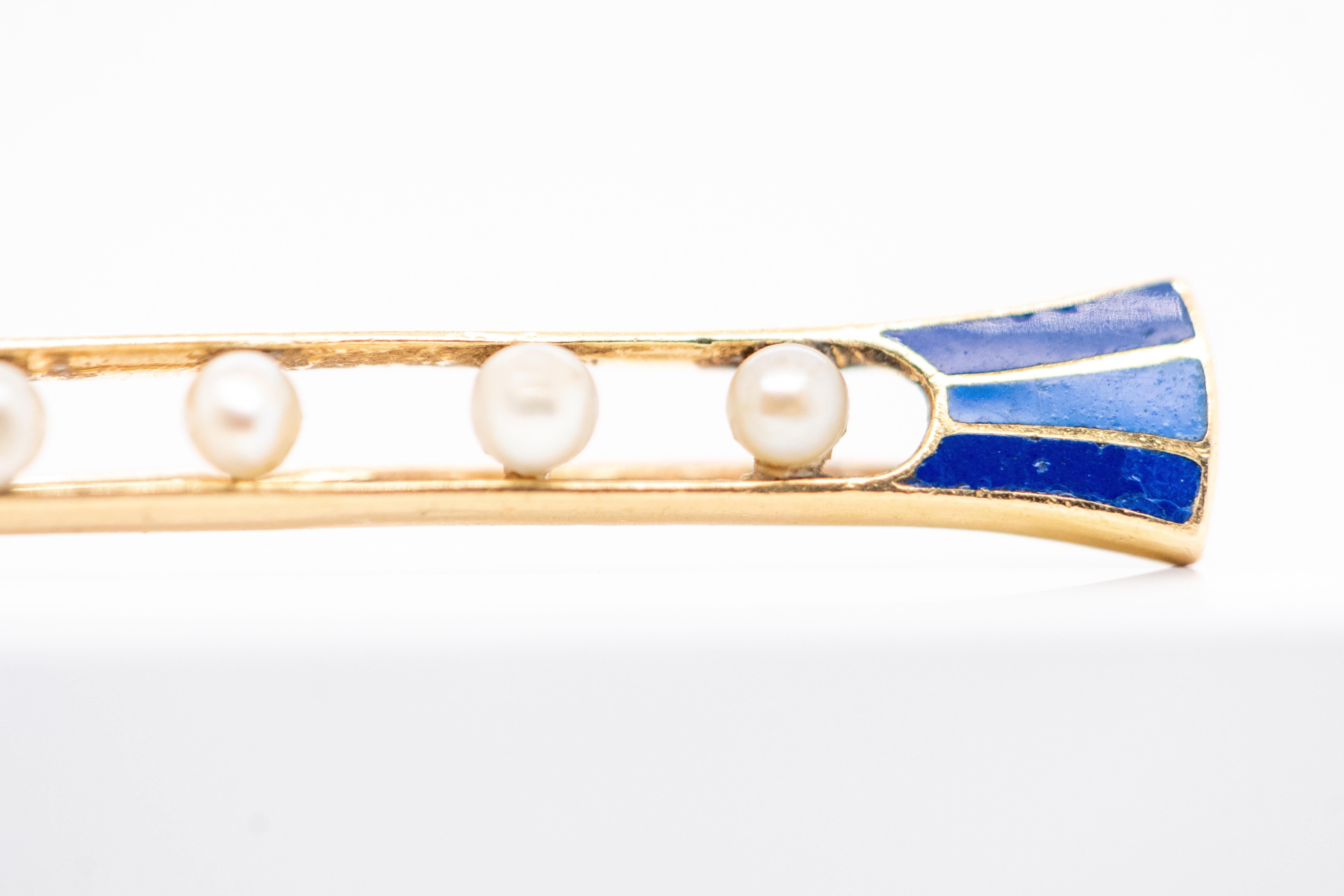 Brooch Half-Beads, Blue Enamel, 18-Carats Gold For Sale 1