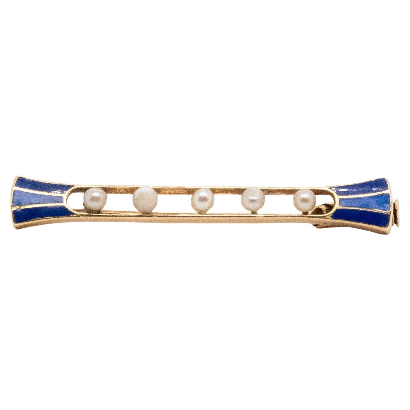 Brooch Half-Beads, Blue Enamel, 18-Carats Gold For Sale