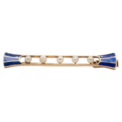 Brosche mit halben Perlen, blauer Emaille, 18-karätigem Gold