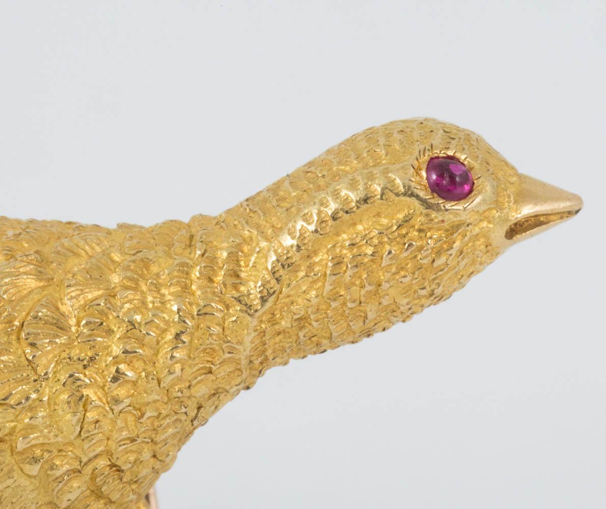 High Victorian Brooch Heavy Quality 18 Carat Gold Grouse in Flight Ruby Eye Hermes Paris