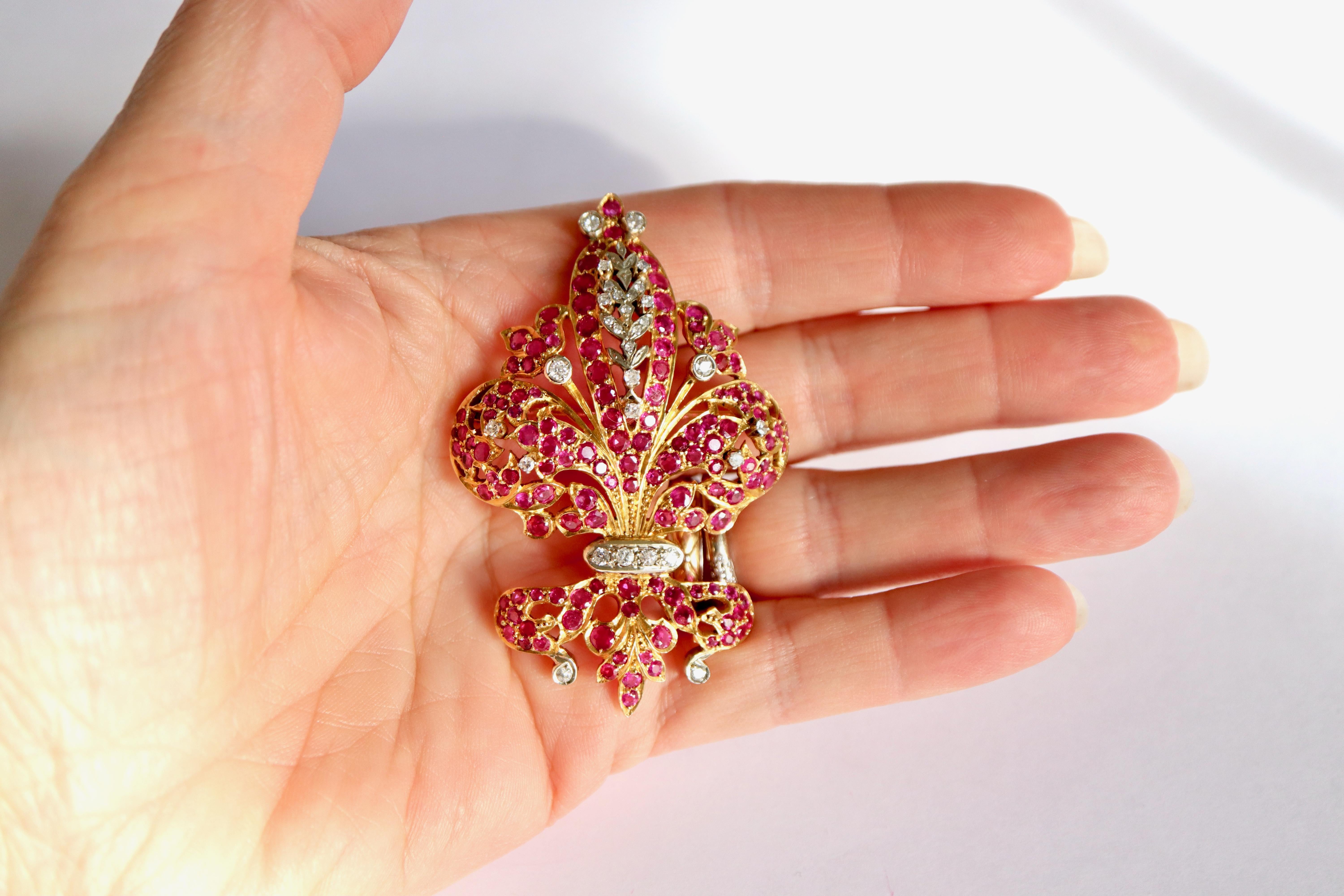 Baroque Brooch Heraldic Lily in 18 Kt Gold, Rubies Diamonds For Sale