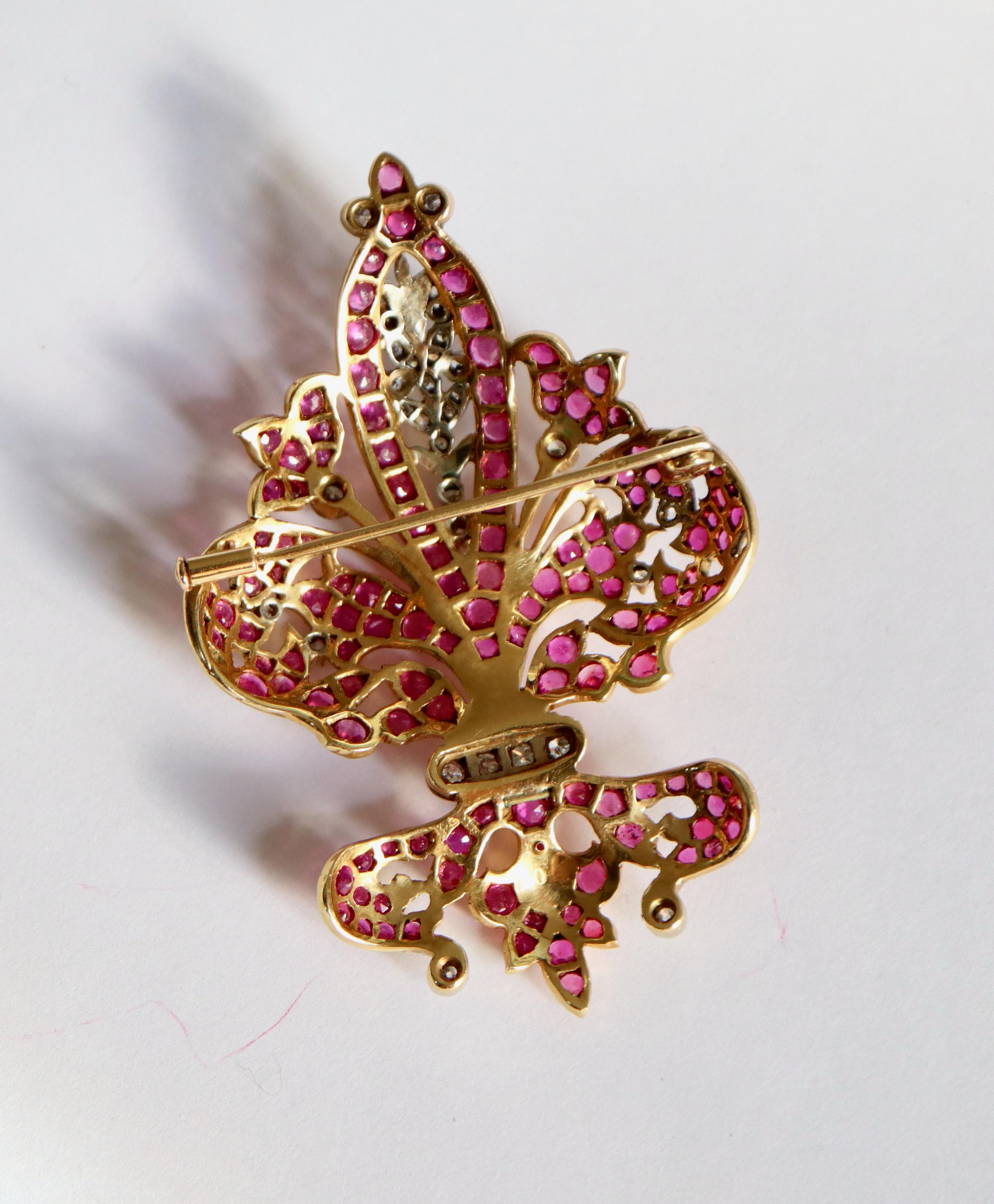 Old European Cut Brooch Heraldic Lily in 18 Kt Gold, Rubies Diamonds For Sale