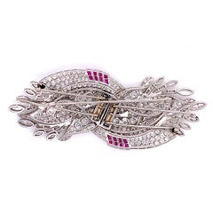 Brooch - I Art Deco 20.00 CTW Diamond & Ruby Platinum Double-Clip Brooch.