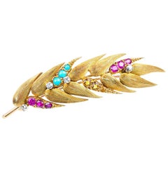 Ear of Wheat Vintage Brooch in 18 Carat Gold set with Stones, English circa 1970