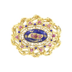 Brooch in 18 K Yellow Gold with Enamel, Rubies and Pink Sapphires