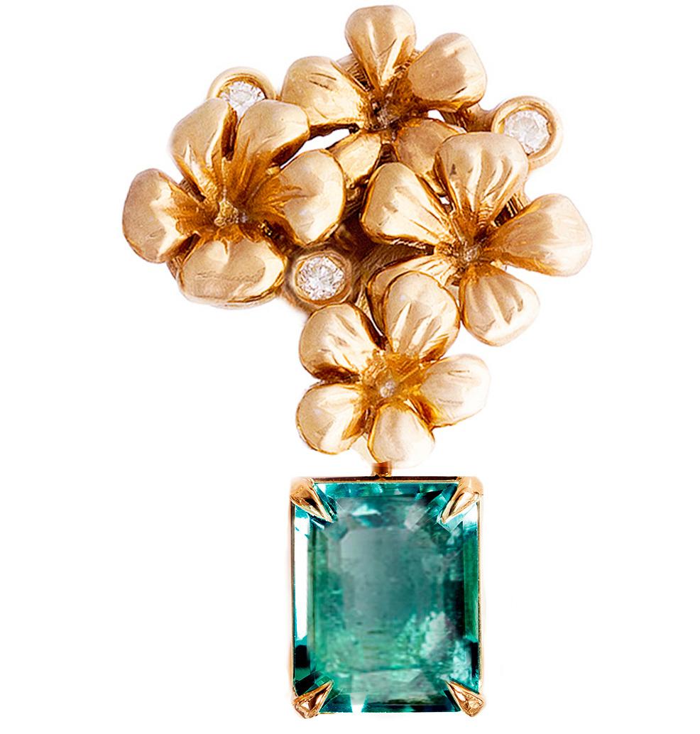 Octagon Cut Eighteen Karat Rose Gold Contemporary Brooch with Natural Emerald and Diamonds For Sale