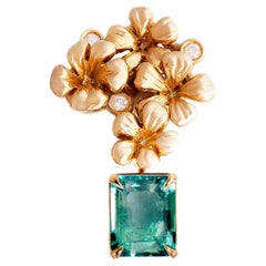 Eighteen Karat Rose Gold Contemporary Brooch with Natural Emerald and Diamonds