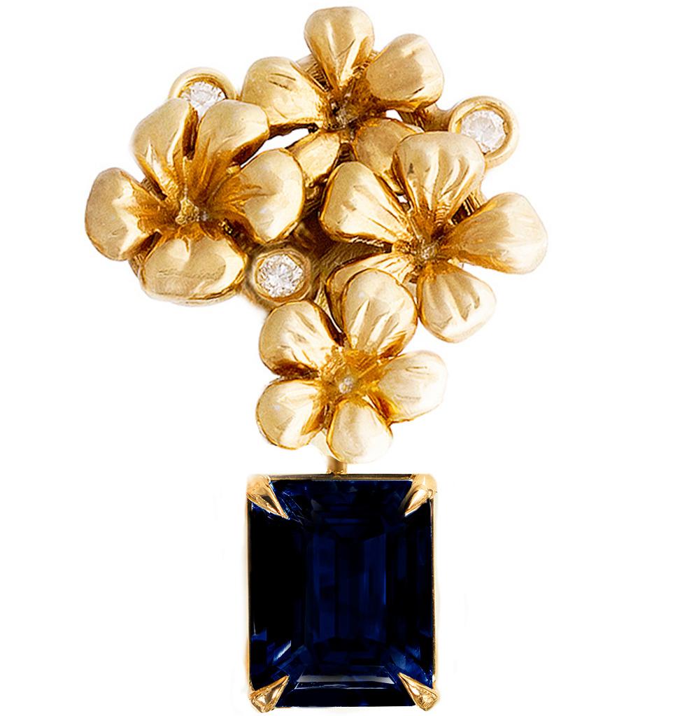 This modern style 18 karat yellow gold brooch is encrusted with 3 round diamonds and detachable natural sapphire, 2.8 carats, 10.2x6 mm, octagon cut. This jewelry collection was featured in Vogue UA review in November.

The size of the piece is