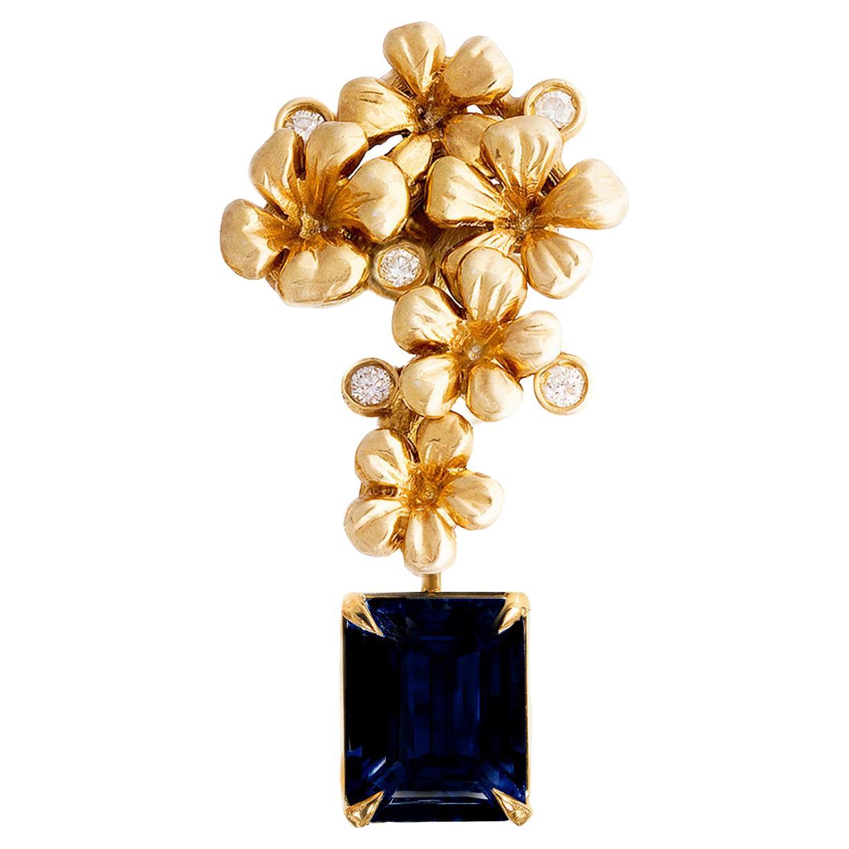 Brooch in 18 Karat Yellow Gold with Natural Blue Sapphire and Diamonds