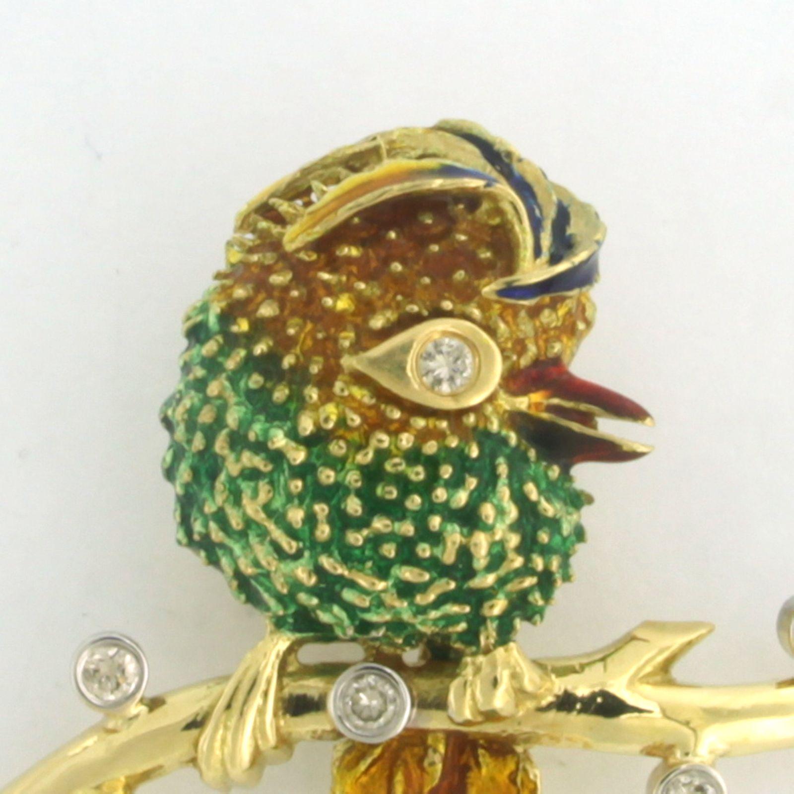 Brosche in Form eines Vogels mit Emaille und Diamanten 18k Bicolor Gold (Moderne) im Angebot