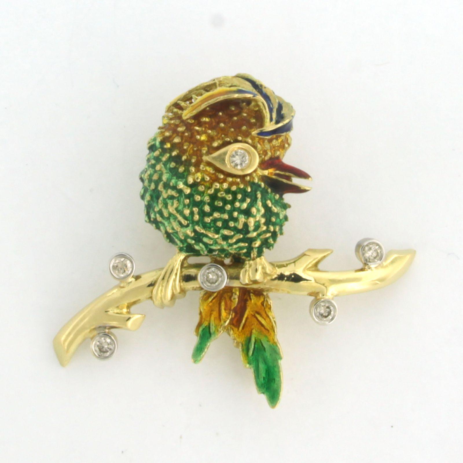 Brosche in Form eines Vogels mit Emaille und Diamanten 18k Bicolor Gold (Brillantschliff) im Angebot