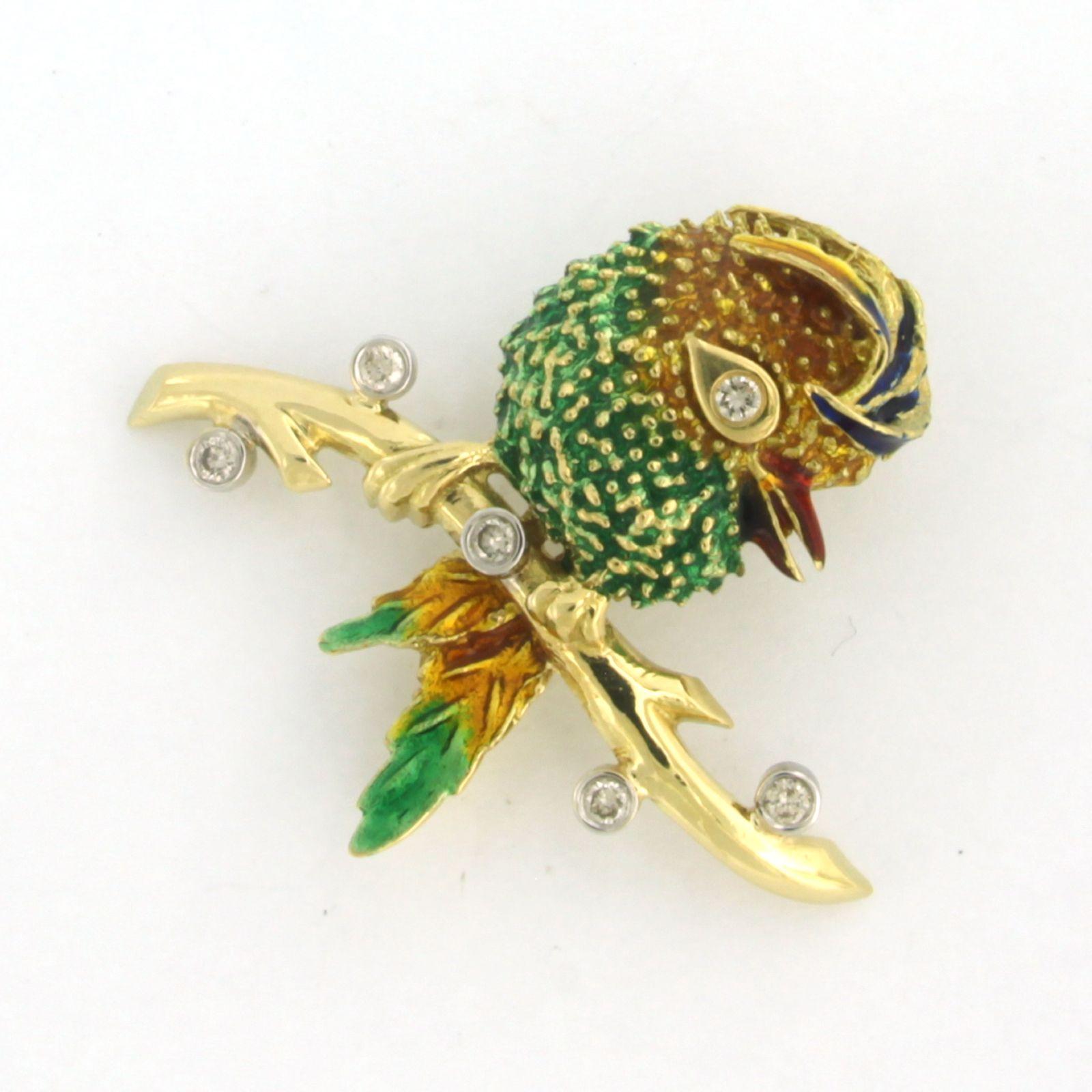 Brosche in Form eines Vogels mit Emaille und Diamanten 18k Bicolor Gold Damen im Angebot