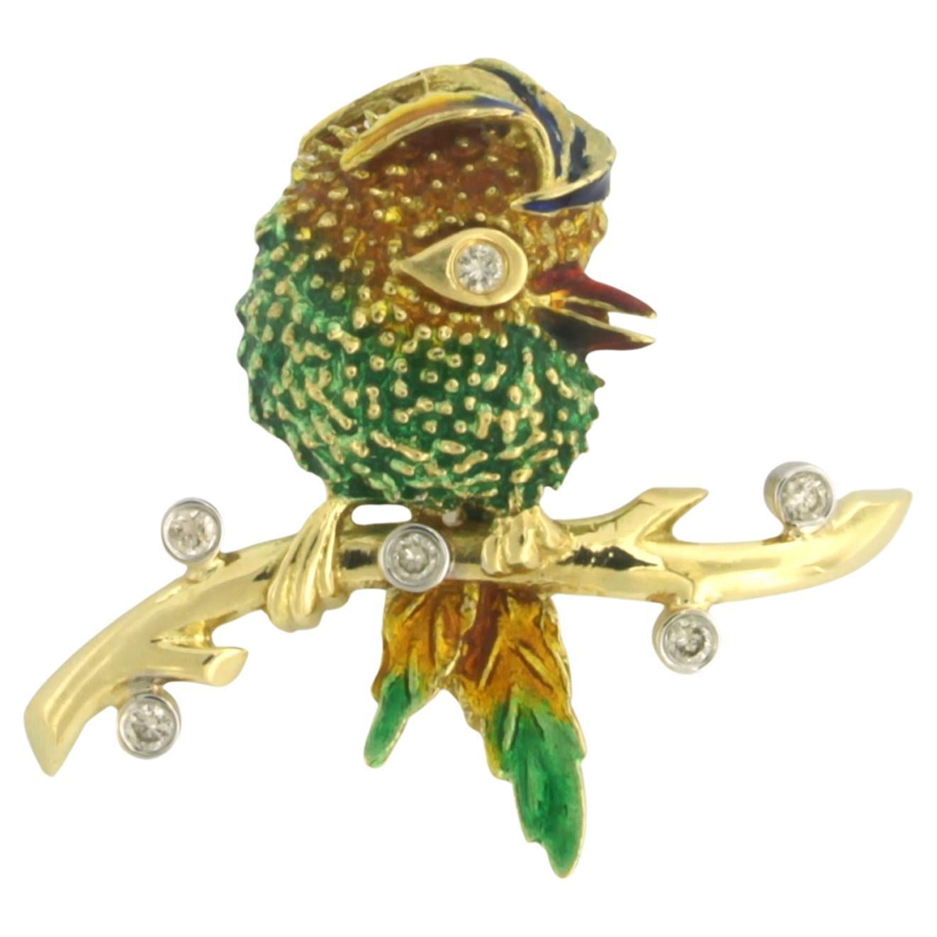 Brosche in Form eines Vogels mit Emaille und Diamanten 18k Bicolor Gold im Angebot