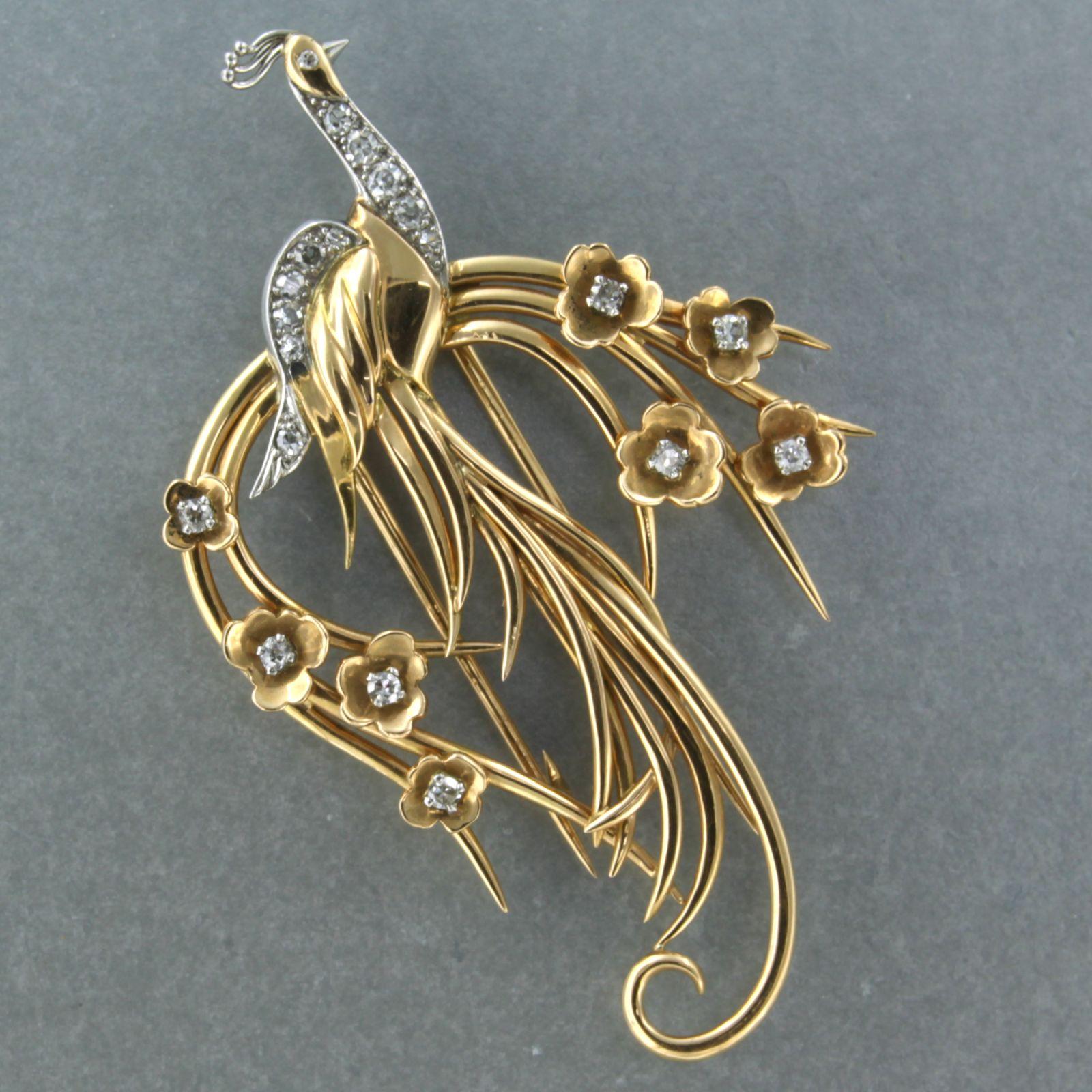 Old Mine Cut Brooch in a shape of a peacock set with diamonds 18k bicolor gold For Sale