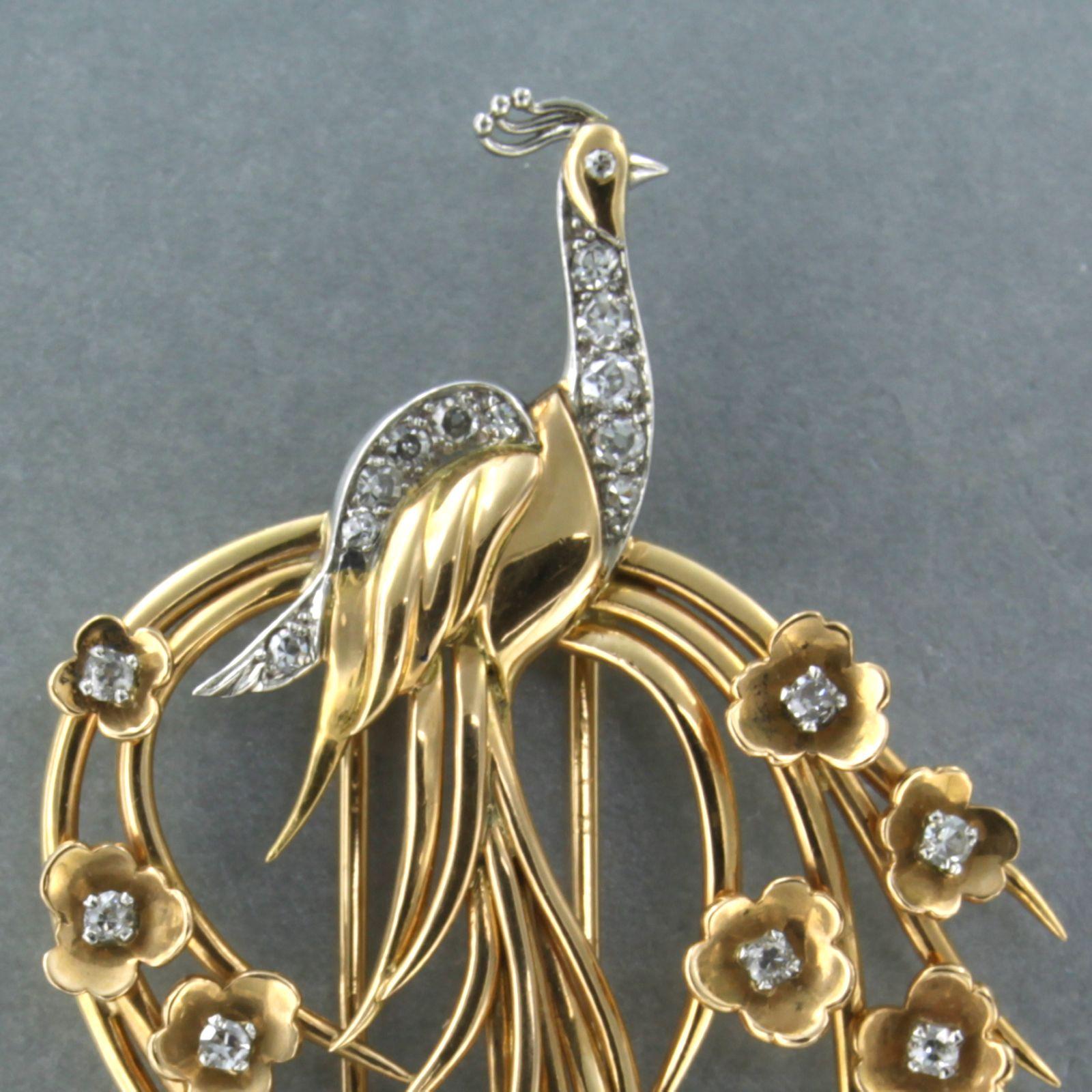 Women's Brooch in a shape of a peacock set with diamonds 18k bicolor gold For Sale