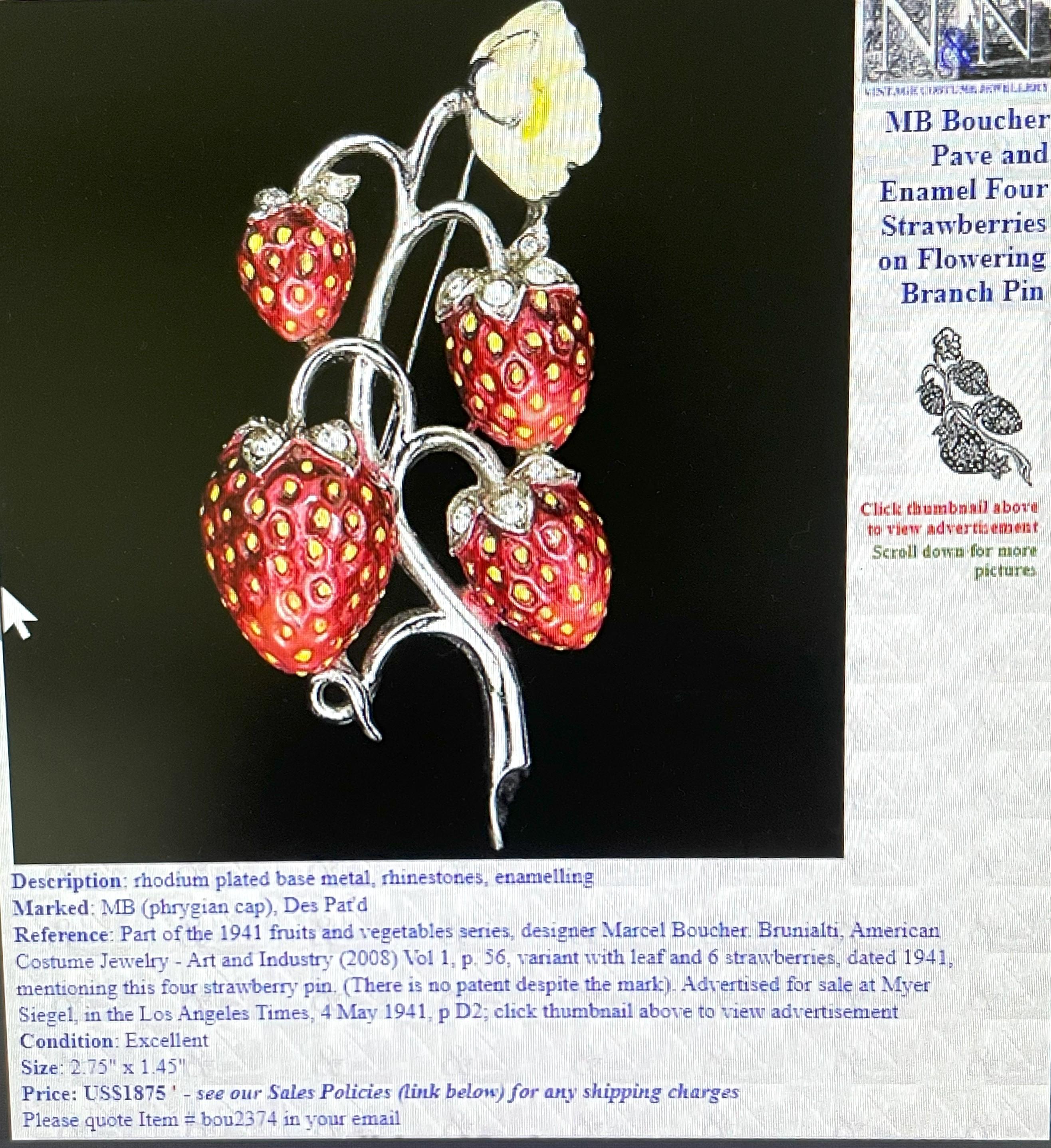 Brooch in the shape of a small raspberry branch  enameled fruits and blossem. The fruit sets are decorated with small rhinestones. Designed by MAZER USA in the early 1940s, rhodium -platet metal. The brooch is unsigned. 

Dimensions:
Hight the