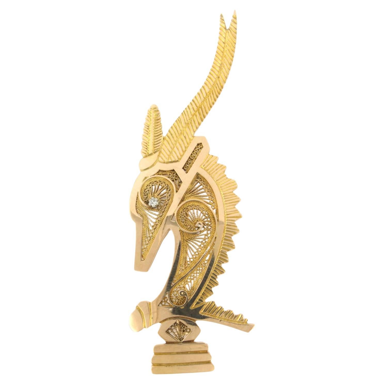Broche en or rose 18 carats en forme de cheval Trojan sertie d'un diamant taille unique