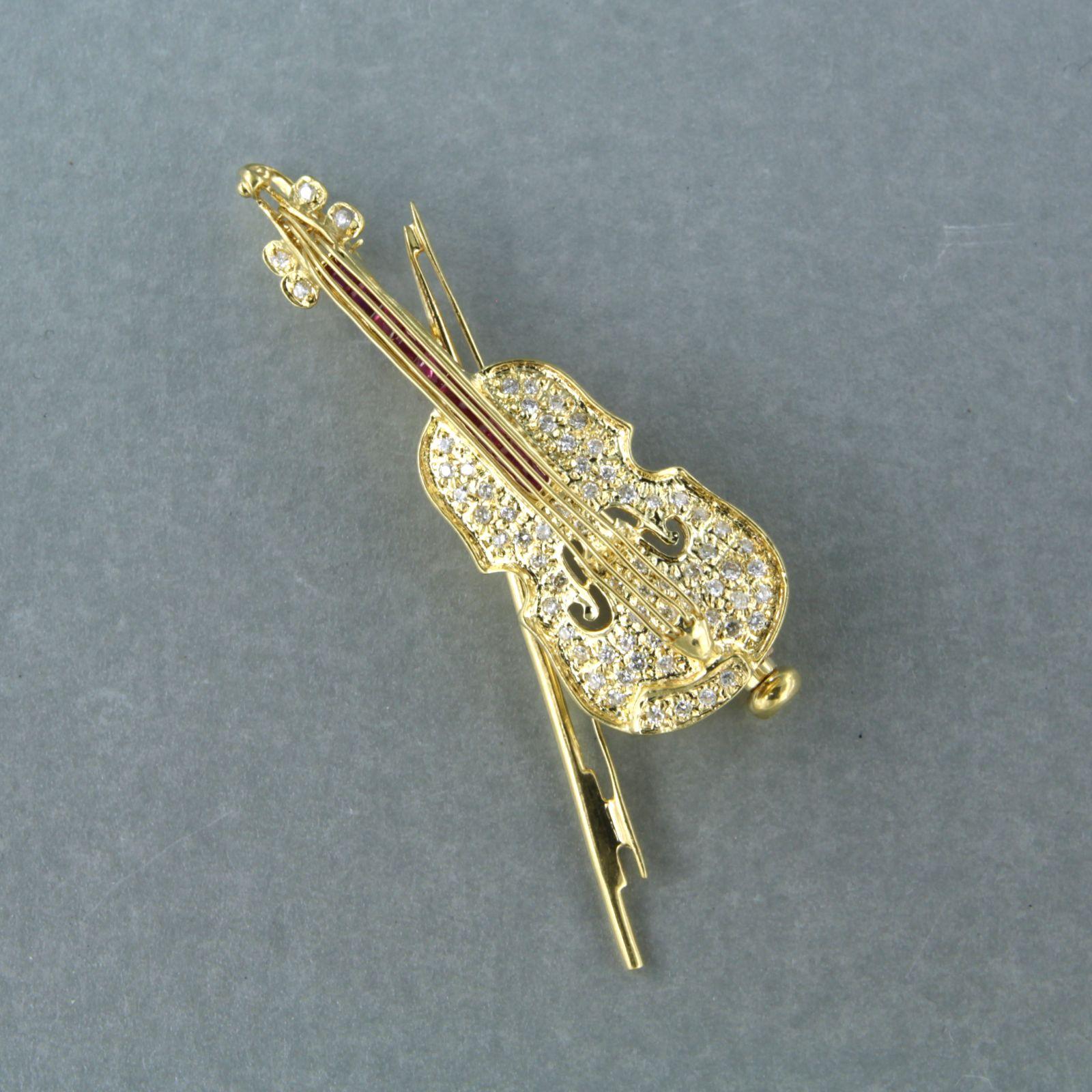 Women's brooch in the shape of a violin set with ruby brilliant diamonds 18k gold