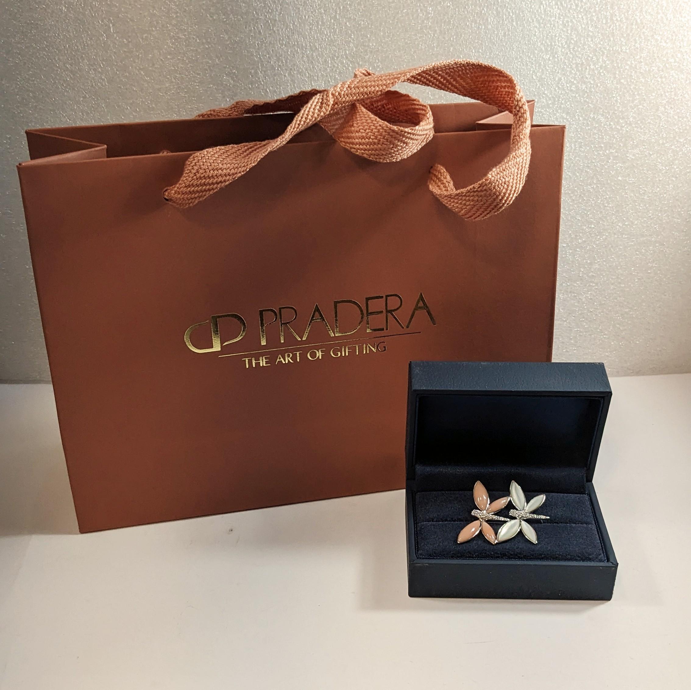 Brilliant Cut Brooch in the Shape of two Dragonflies in White Gold, Nacre, Coral and Diamonds For Sale