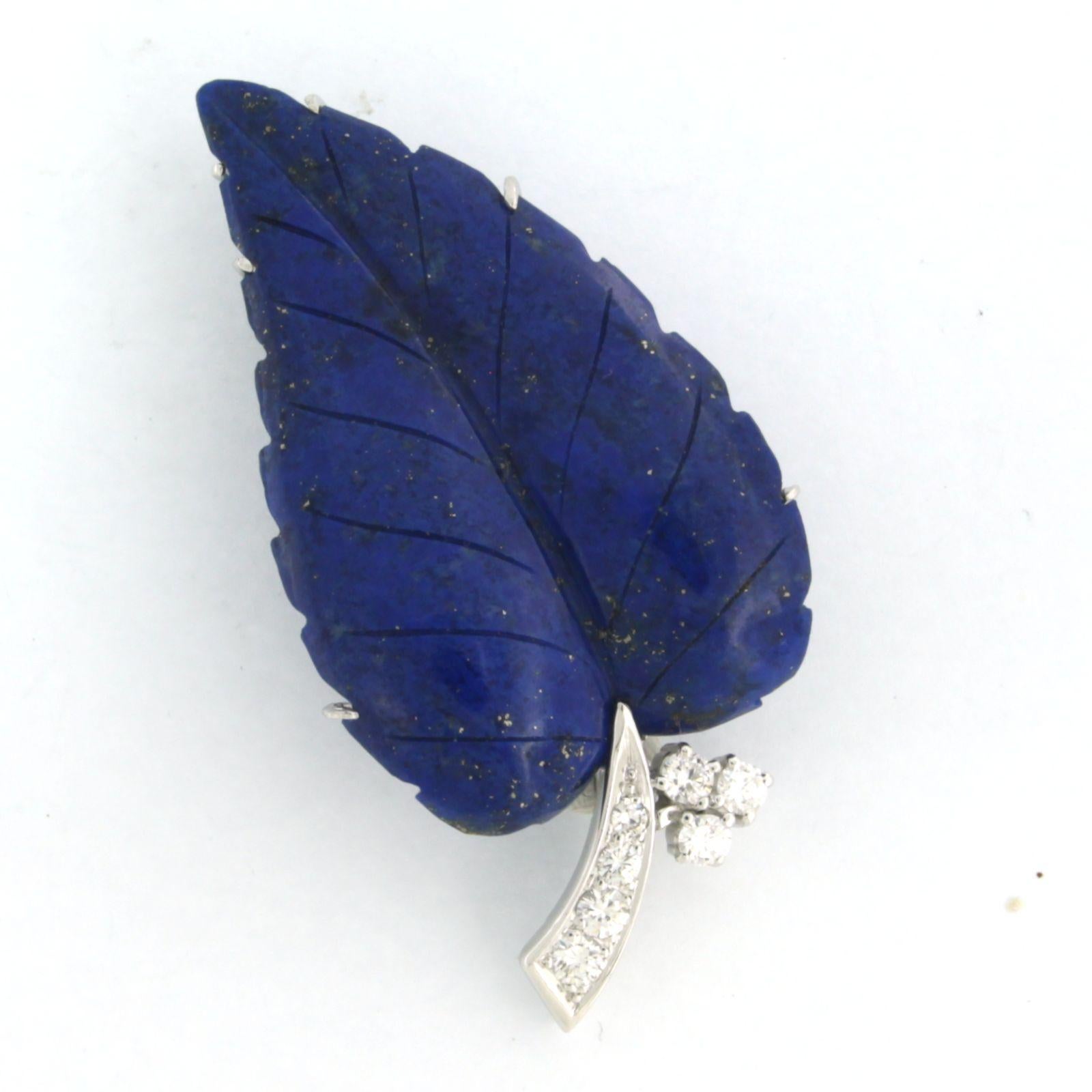 Brilliant Cut Brooch Lapis Lazuli leaf shape set with Diamonds, 18k white gold For Sale