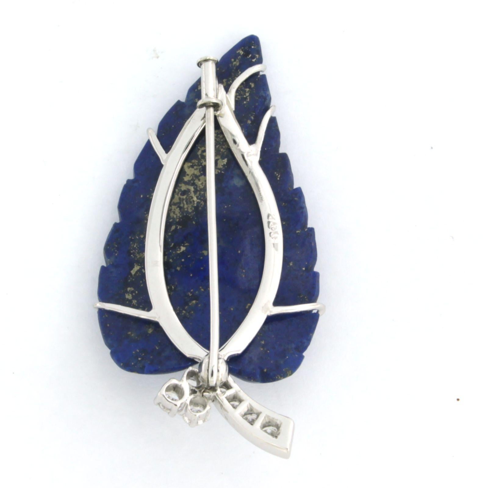 Women's Brooch Lapis Lazuli leaf shape set with Diamonds, 18k white gold For Sale