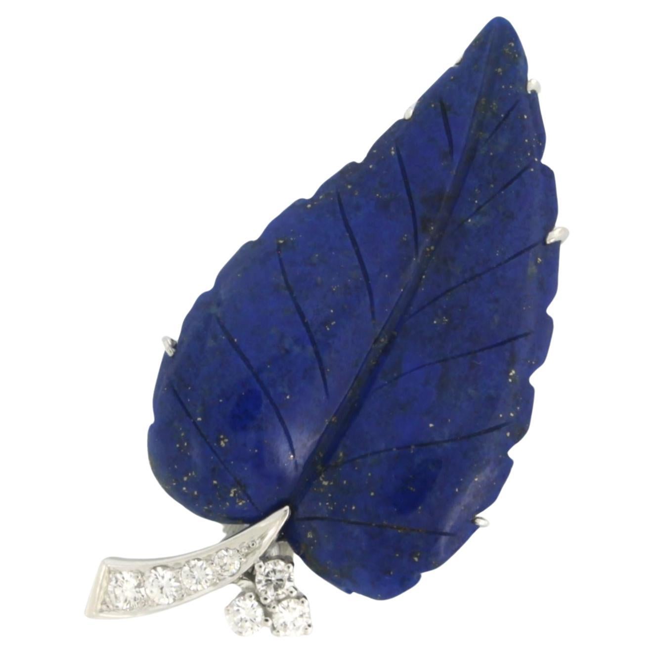 Brooch Lapis Lazuli leaf shape set with Diamonds, 18k white gold For Sale