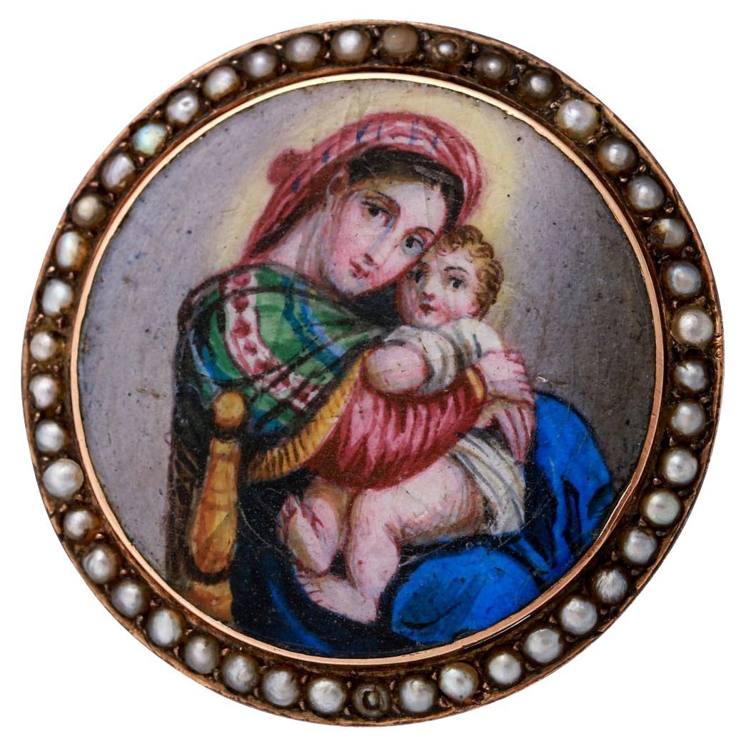Brooch "Mary with Child" Enamel Painting For Sale