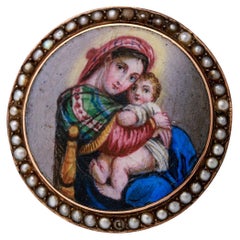 Antique Brooch "Mary with Child" Enamel Painting