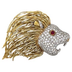 Brooch-Mid-Century 14K Gold Wild Animalier Multi-Carat Diamond Cluster