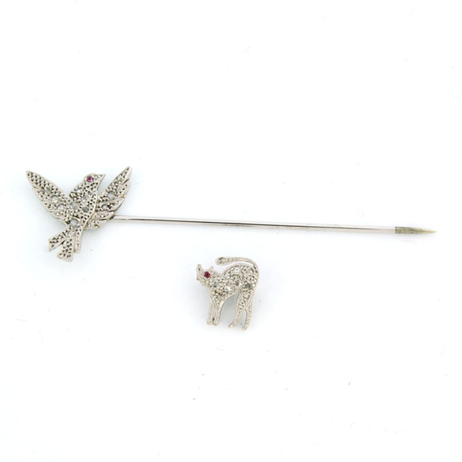 Rose Cut Brooch of a bird and a cat set with ruby and diamond 18k gold with platina For Sale