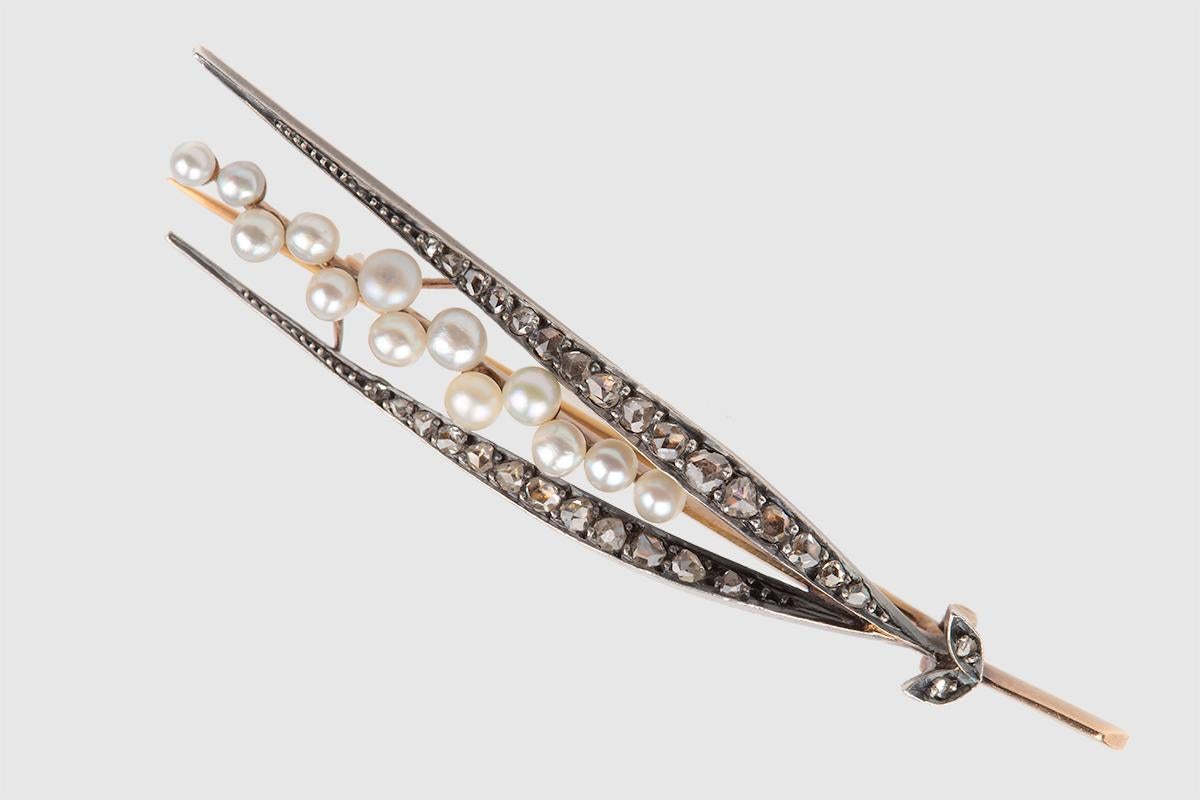 Rose Cut Brooch of a Lily of the Valley Spray with Pearls and Diamonds, French circa 1890
