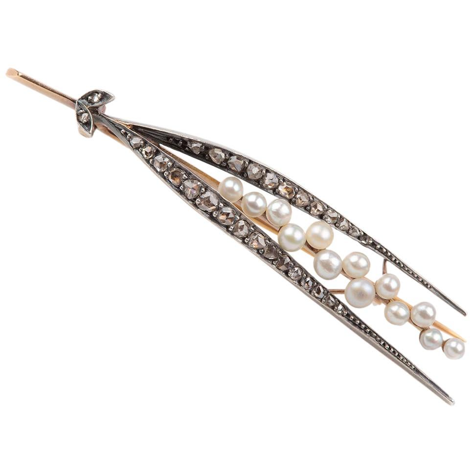 Brooch of a Lily of the Valley Spray with Pearls and Diamonds, French circa 1890