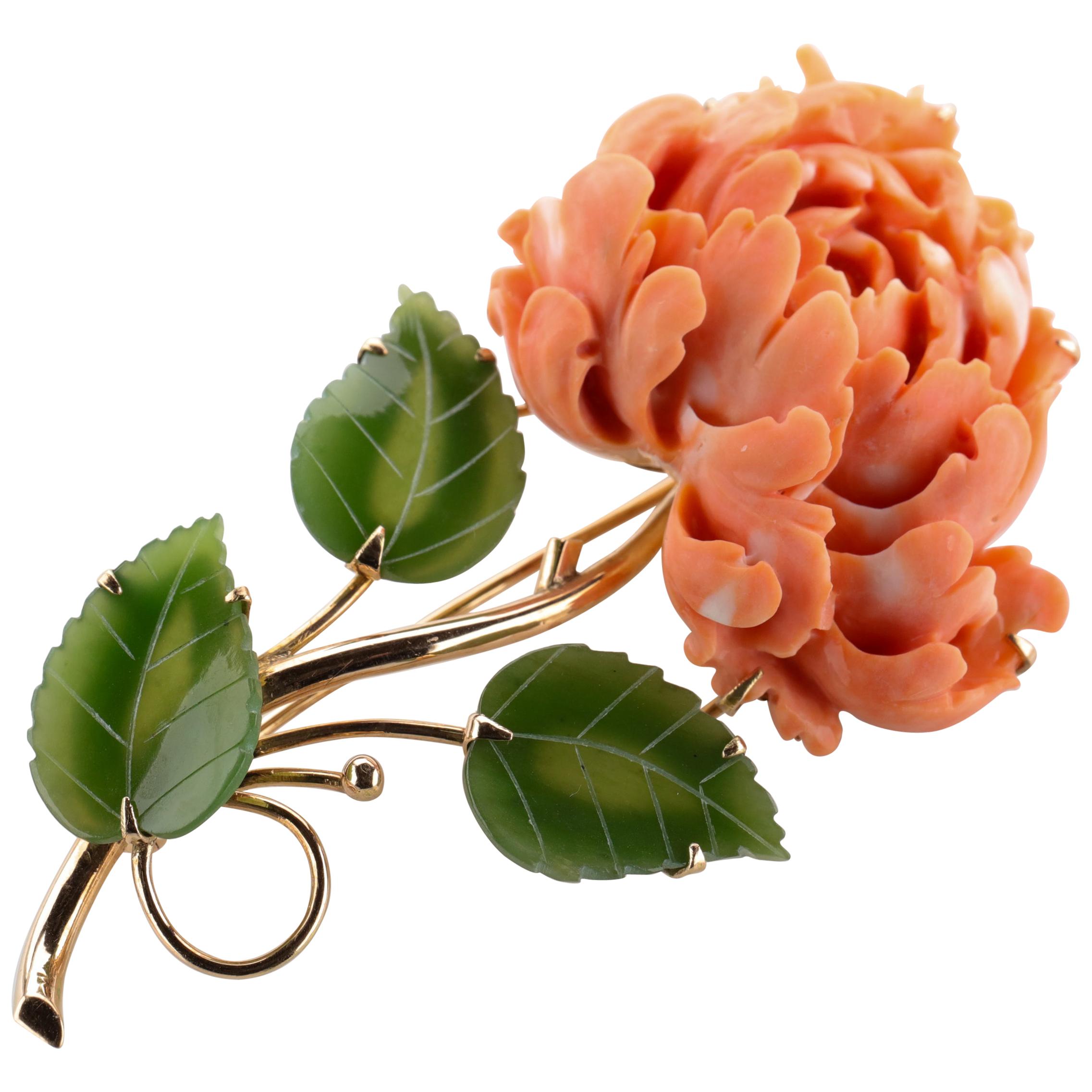 Brooch of Coral and Jade Depicting Chrysanthemum Blossom and Leaves