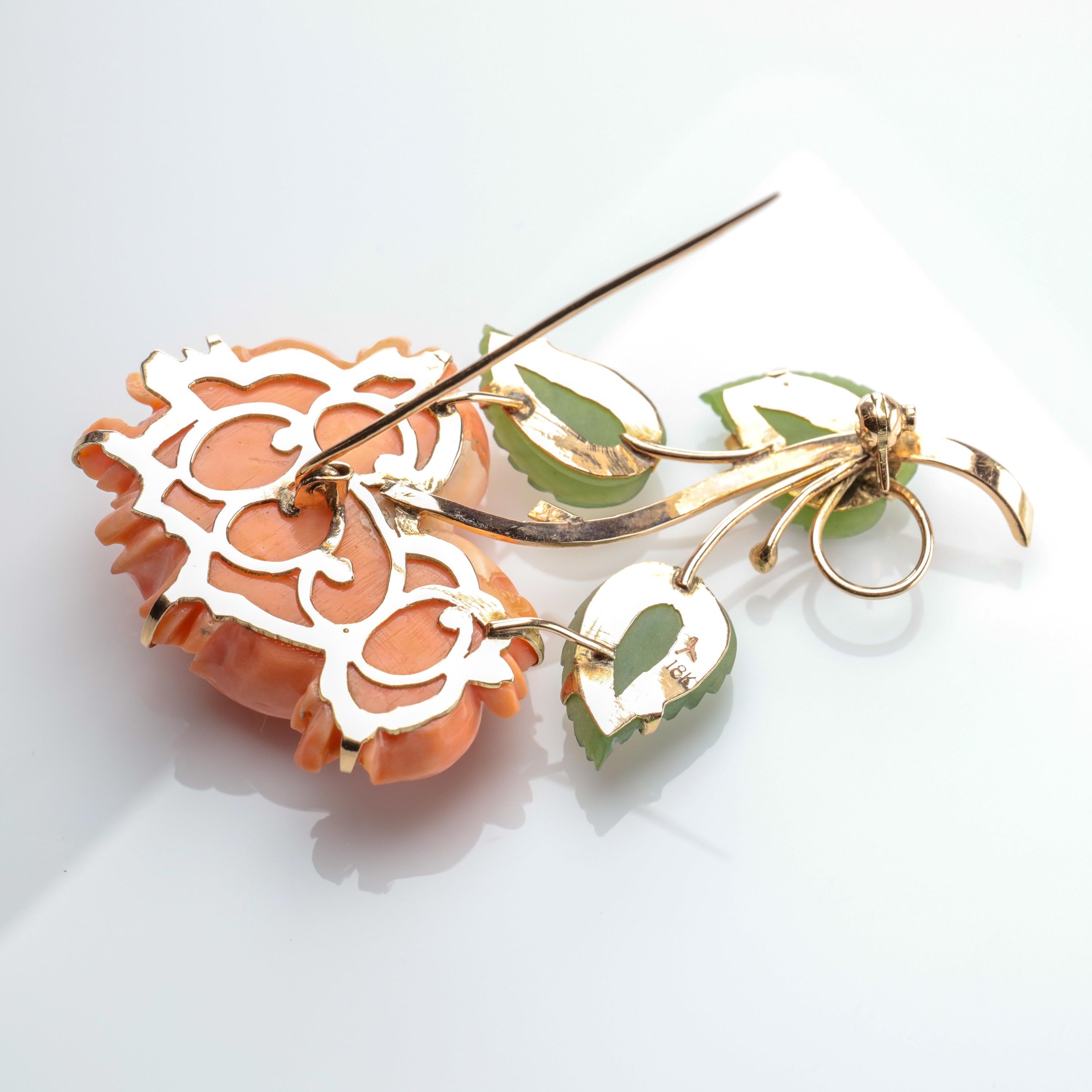 Modern Brooch of Coral and Jade Depicting Chrysanthemum Blossom and Leaves