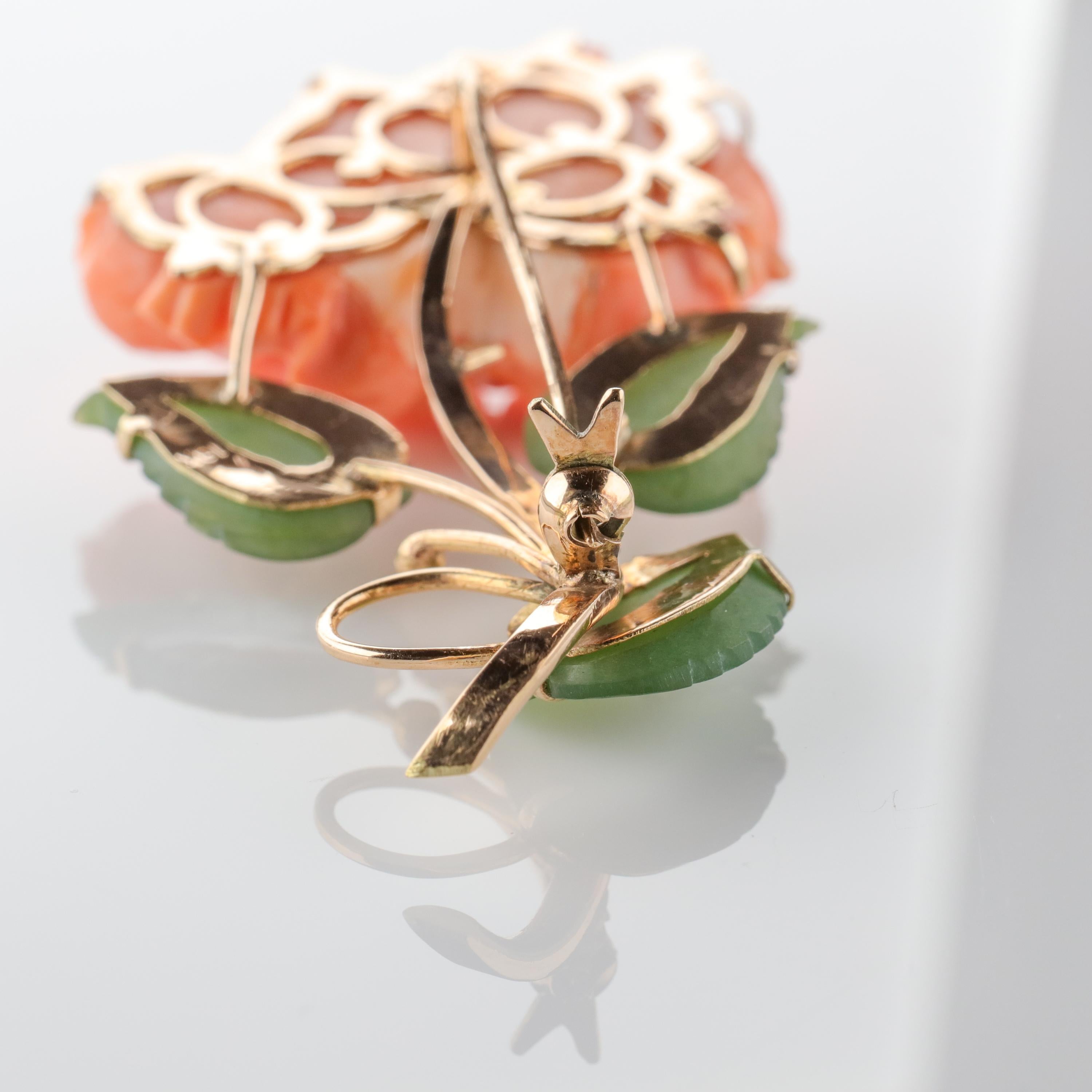Uncut Brooch of Coral and Jade Depicting Chrysanthemum Blossom and Leaves