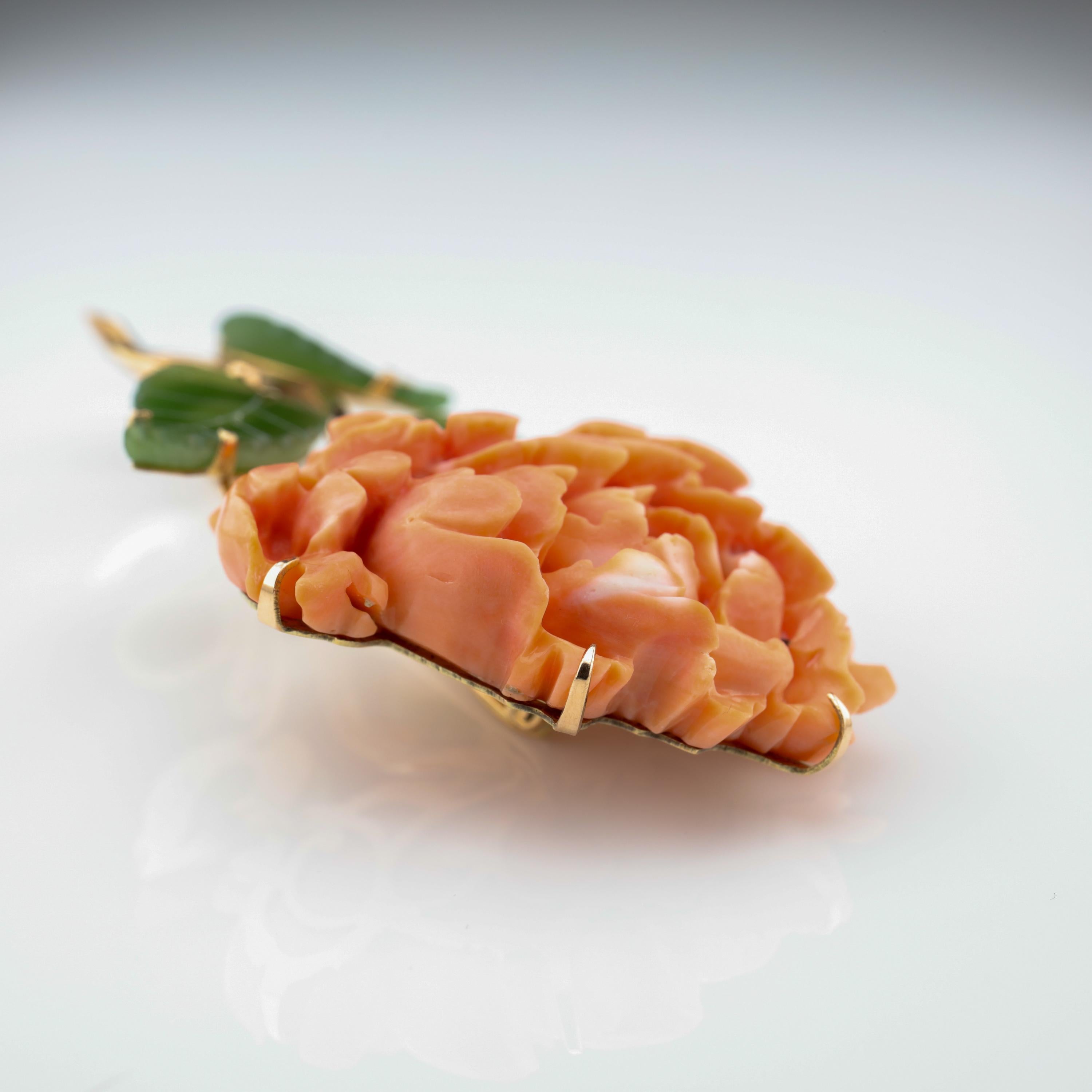 Women's or Men's Brooch of Coral and Jade Depicting Chrysanthemum Blossom and Leaves