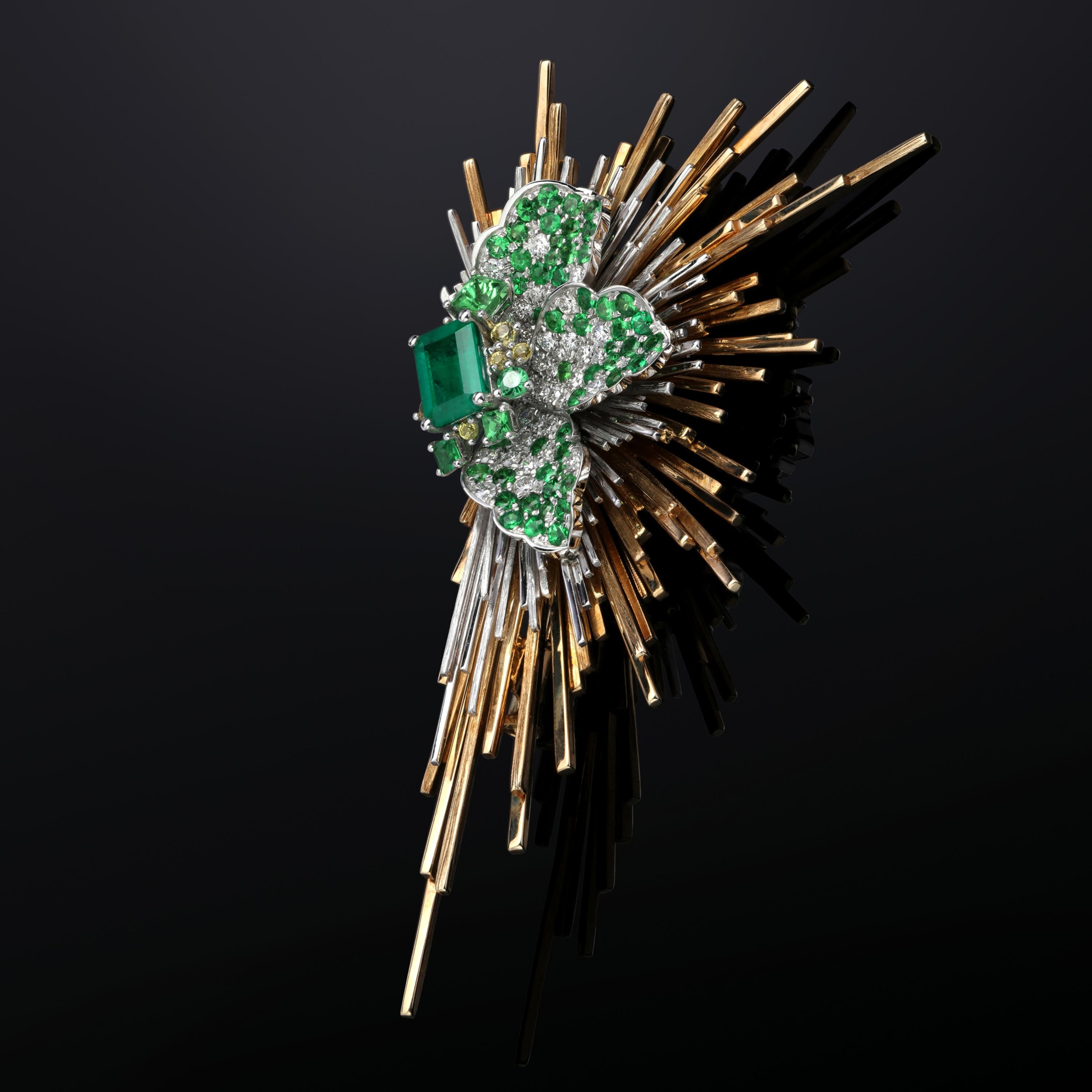 Brooch Emerald Diamond Tsavorite Sapphire Gold Unisex Jewelry