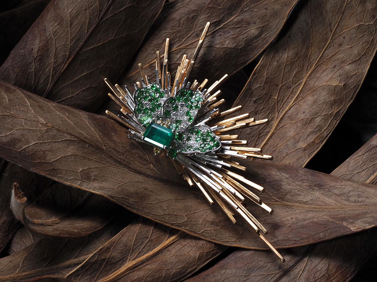 Brooch Emerald Diamond Tsavorite Sapphire Gold Unisex Jewelry 6