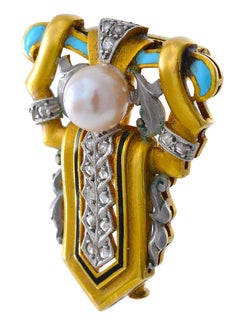 Brooch of Gold, Blue Enamel and Diamonds and Natural Pearl possibly Masriera