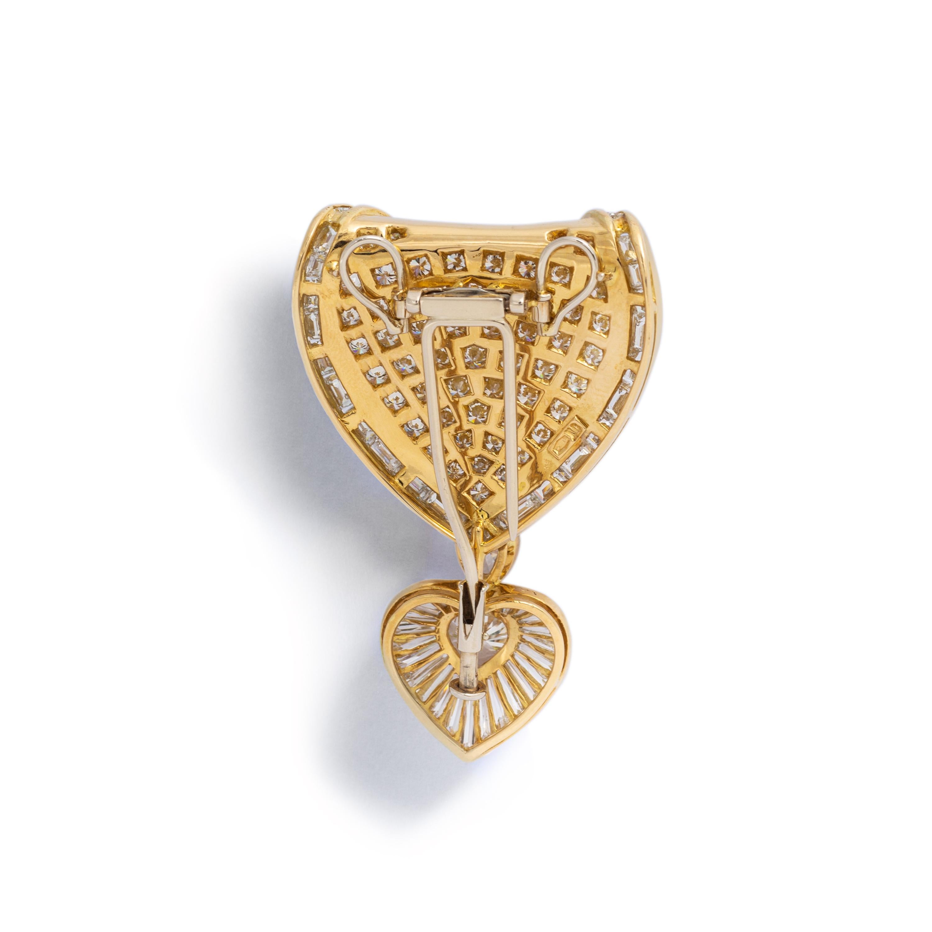Aesthetic Movement Brooch Pendant Heart Shape Diamond Yellow Gold For Sale
