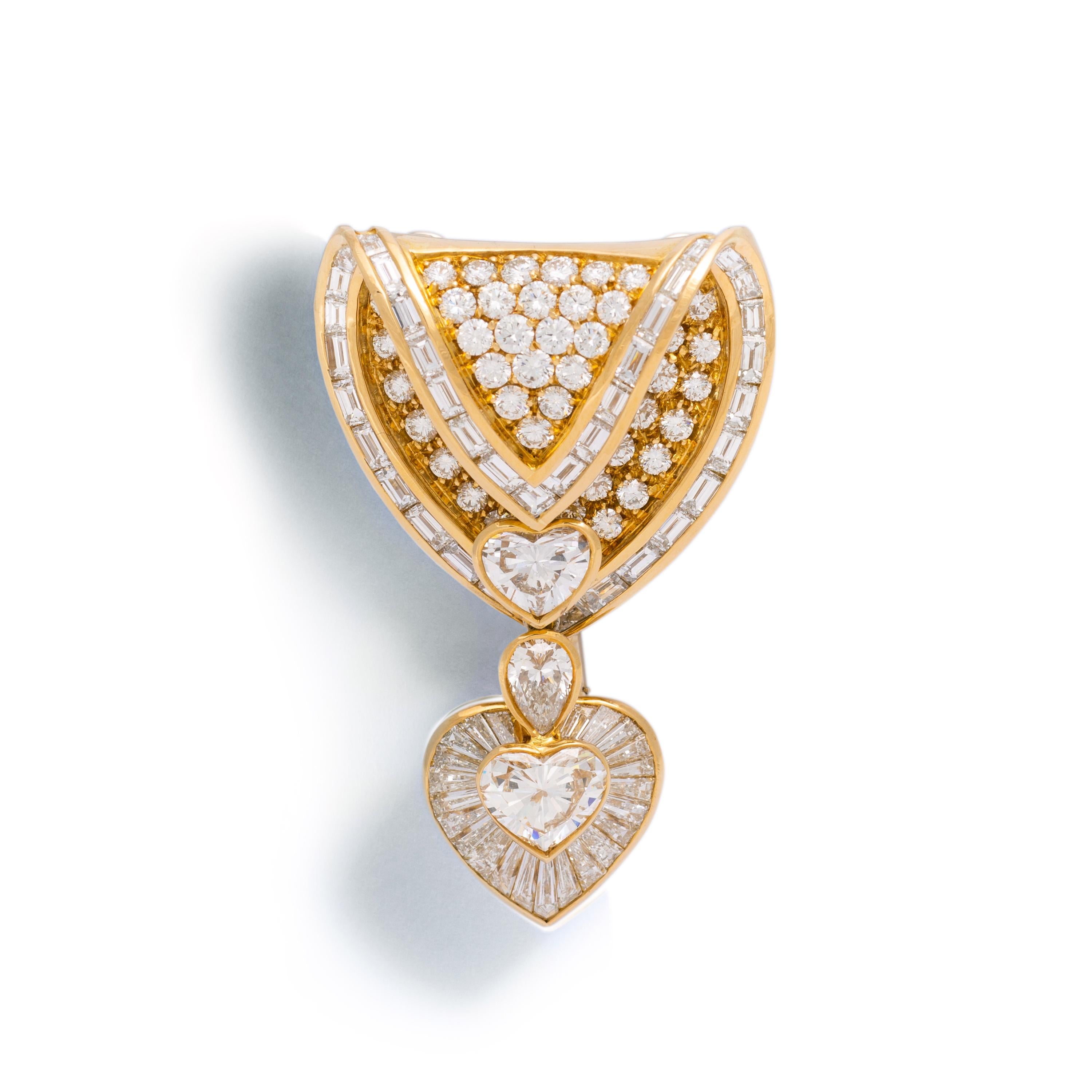 Heart Cut Brooch Pendant Heart Shape Diamond Yellow Gold For Sale