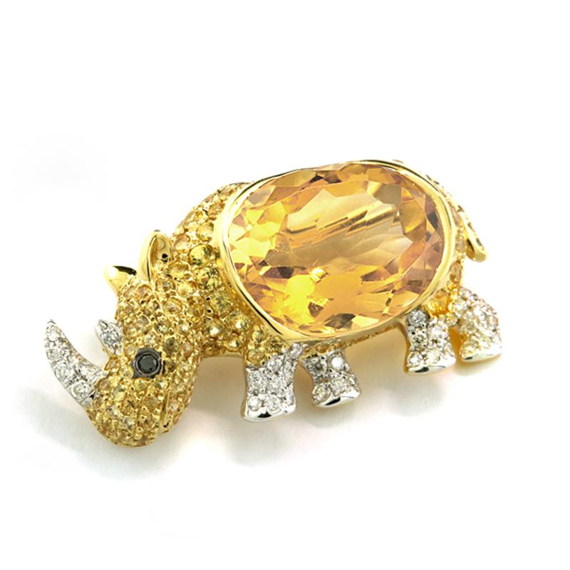 Contemporaneo Spilla / Ciondolo Rinoceronte Citrino Giallo Zaffiro Diamante Oro giallo 18 carati in vendita