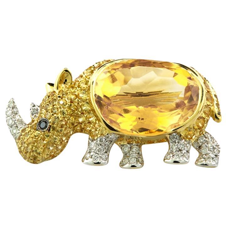 Broche / Colgante Rinoceronte Citrino Zafiro Amarillo Diamante Oro Amarillo 18 Kilates