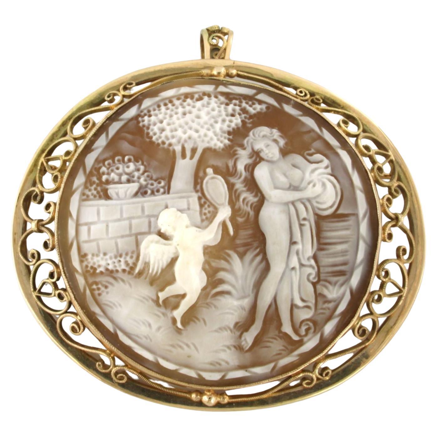 Brooch/Pendant set with cameo 14k yellow gold  For Sale
