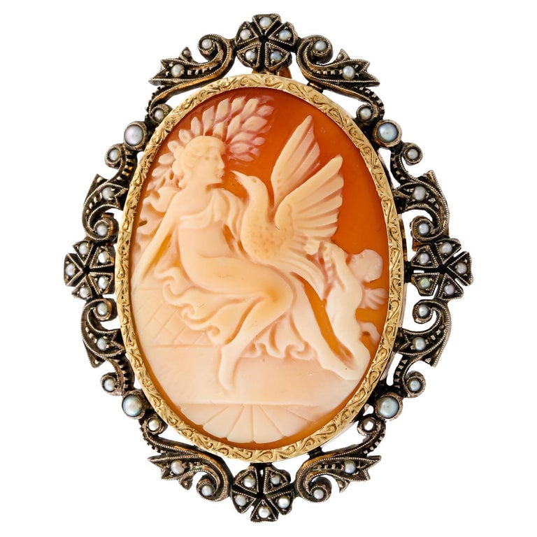 Brooch/Pendant Shell Cameo 'Leda and Swan' For Sale at 1stDibs